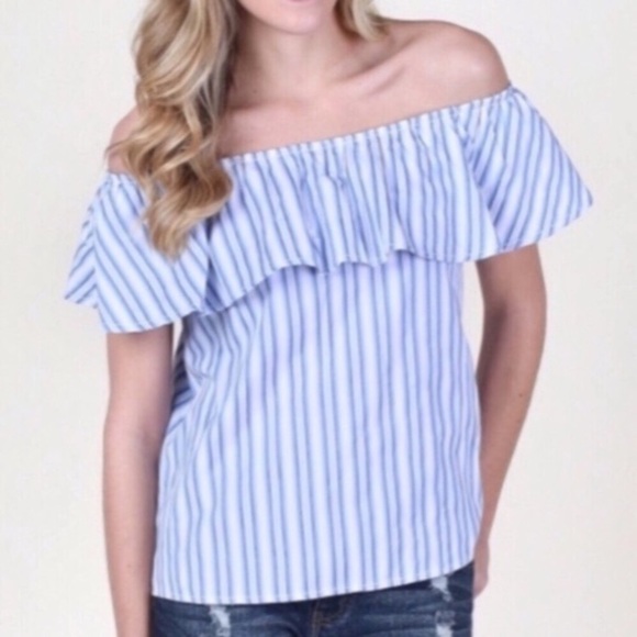 Altar'd State Tops - Altar’d State Blue Striped Ice Cream Social Off The Shoulder Blouse